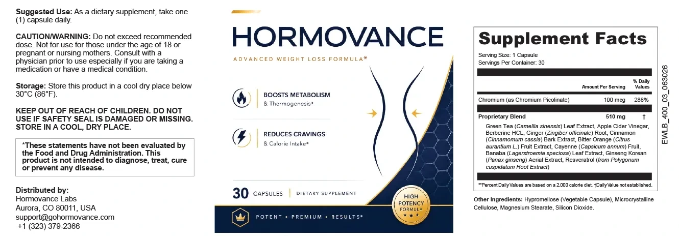 Hormovance Supplement Facts label showing chromium and the proprietary blend